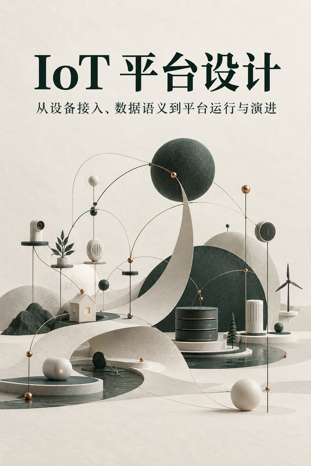 《IoT 平台设计》封面：抽象的设备、平台与弧线连接